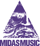MidasMusic Co. corporate logo. Depicts King Midas face in a pyramid with Midas Music displayed underneath